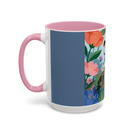 The Lady And The Mysterious Bird Colorful Mugs – Art Deco Botanical Mystery