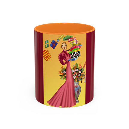 Elegant Holiday Woman with Gifts Colorful Mugs (11oz, 15oz)