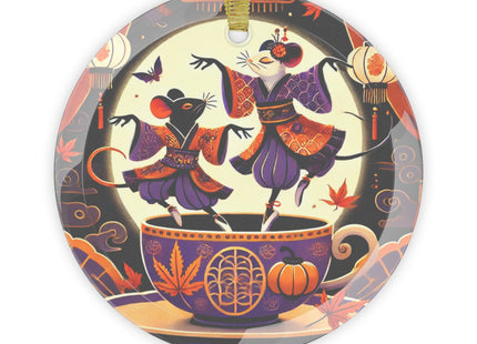 Theatrical Halloween Kabuki Mice on Teacup Glass Ornament
