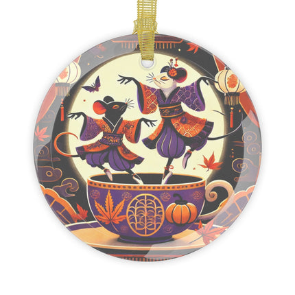 Theatrical Halloween Kabuki Mice on Teacup Glass Ornament