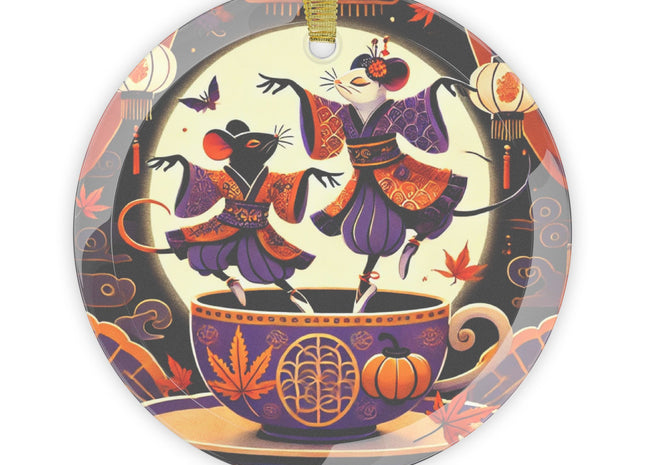 Theatrical Halloween Kabuki Mice on Teacup Glass Ornament
