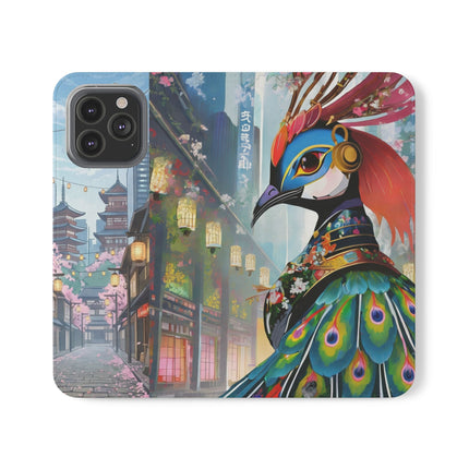 🦚🌸 Techno Plumes Peacock Flip Case – Neon Elegance & Sakura Dreams