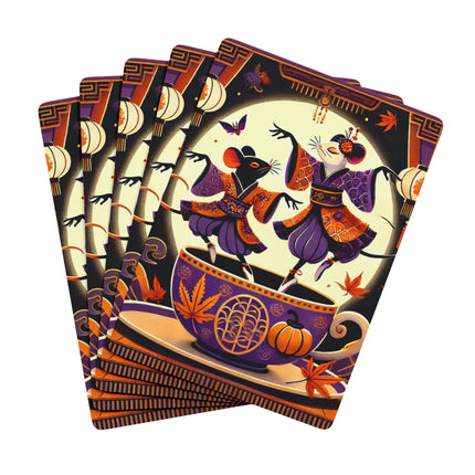 Theatrical Halloween Kabuki Mice on Teacup Playing Cards