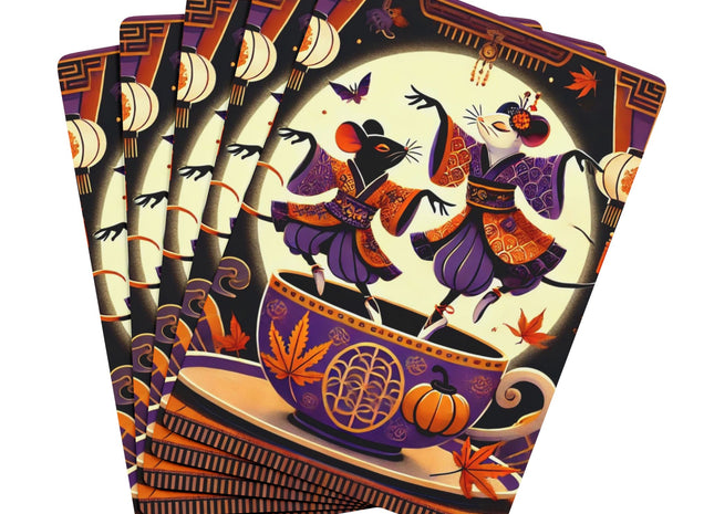Theatrical Halloween Kabuki Mice on Teacup Playing Cards