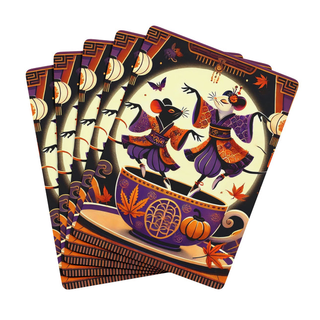 Theatrical Halloween Kabuki Mice on Teacup Playing Cards