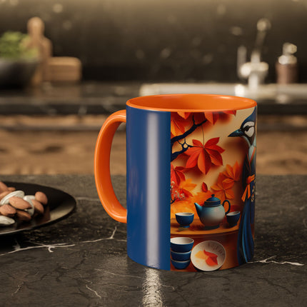 Blue Jay at an Autumn Tea Ceremony Colorful Mugs (11oz, 15oz)