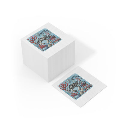 Spotted Crab & Pagoda White Coined Napkins – Mystical Ocean & Asian Harmony