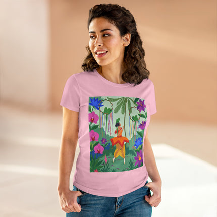 🌺🦜 The Tropical Garden Serenade Cotton Tee – Colorful Art Deco Fantasy