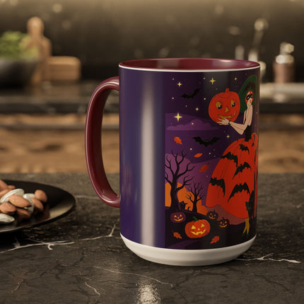 🎃🌕 The Pumpkin Moon Enchantress Colorful Mug – Elegant Halloween Masquerade