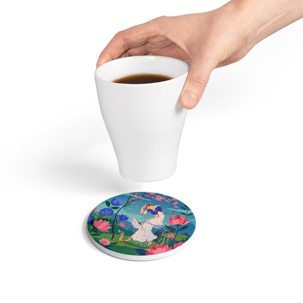 🌸☂️ The Lady Of The Falling Blossoms Ceramic Coaster – Art Deco Garden Whimsy