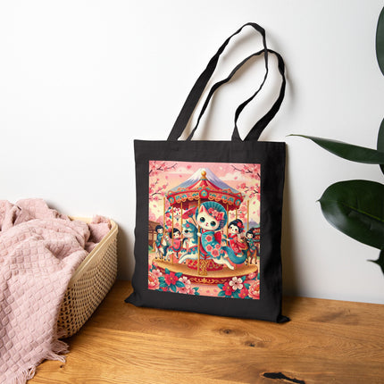 Geisha Kitten's Enchanted Carousel Ride Cotton Canvas Tote Bag – Whimsical Dreams & Cherry Blossom Magic