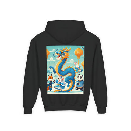 Blue & Gold Dragon Festival Parade Youth Hooded Sweatshirt – Joyful Celebration & Cultural Magic