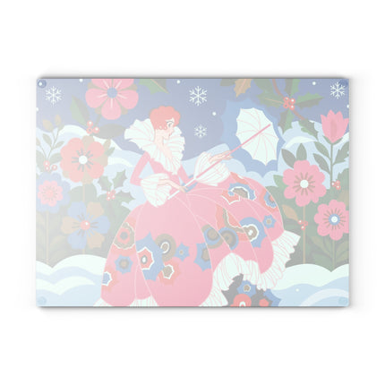 🌺❄️ The Lady Of The Enchanted Snow Glass Cutting Board – Art Deco Holiday Fantasy
