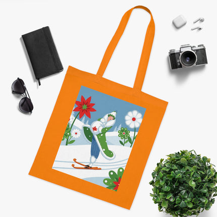 🎿🌺 The Winter Garden Skier Cotton Tote Bag – Colorful Winter Adventure