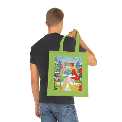 🎄☕ Christmas Tea In The Snow Garden Cotton Tote Bag – Art Deco Holiday Friendship