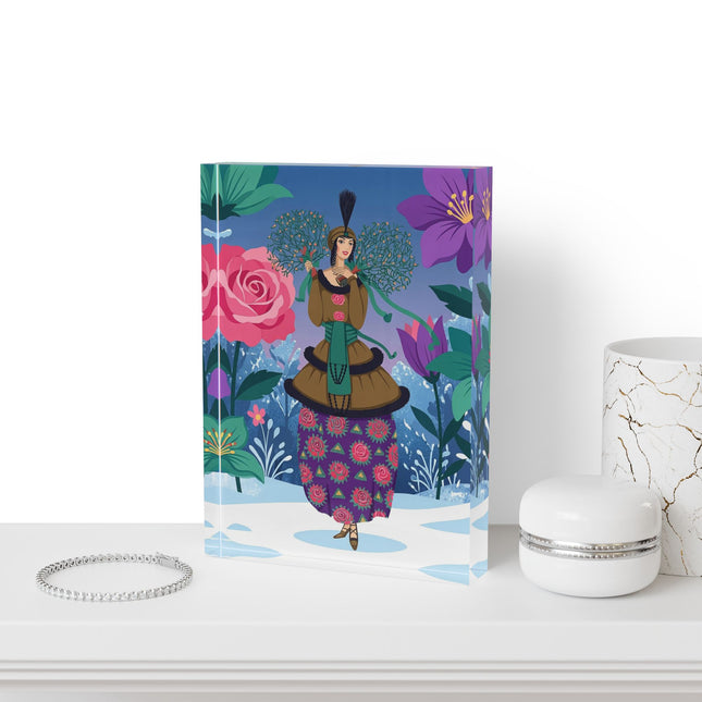 🌹❄️ The Holly Rose Of Winter Acrylic Art Block – Art Deco Christmas Garden