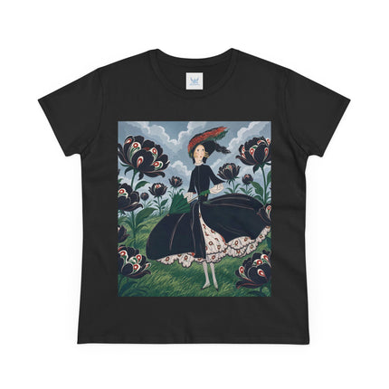 ❤️🌺 The Scarlet Parasol Garden Cotton Tee – Art Deco Floral Elegance