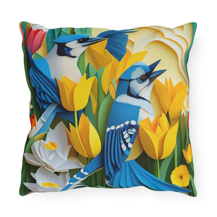 Blue Jays in a Spring Garden Outdoor Pillows