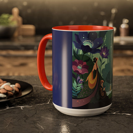 The Lady Of The Moonlit Fountain Colorful Mugs – Art Deco Botanical Serenity