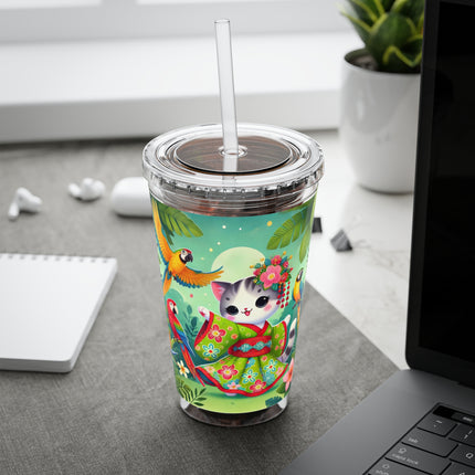 Parrot Dance of the Geisha Kitten Sunsplash Tumbler with Straw, 16oz
