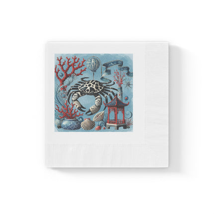 Spotted Crab & Pagoda White Coined Napkins – Mystical Ocean & Asian Harmony