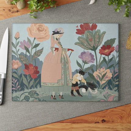 🌸🐈 The Lady And Puss In Boots Glass Cutting Board – Art Deco Floral Fashion Fantasy