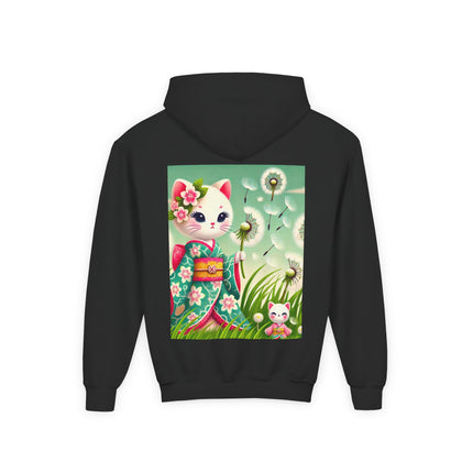 Geisha Kitten and the Dandelion Wish Youth Hooded Sweatshirt – Soft Dreams & Gentle Wonder