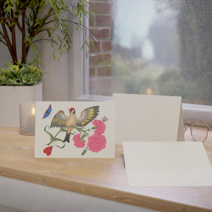 Goldfinch & Pink Flowers Greeting Card – Vibrant Joy & Springtime Charm
