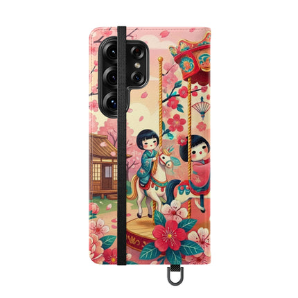 🎠🌸 Geisha Kitten's Enchanted Carousel Flip Case – Whimsical Dreams & Cherry Blossom Magic