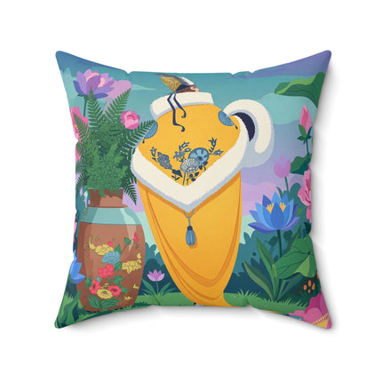🪷✨ The Lady Of The Golden Lotus Garden Square Pillow – Art Deco Floral Elegance