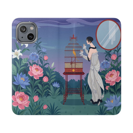 🐦🌸 The Lady And The Golden Bird Flip Case – Art Deco Floral Reverie