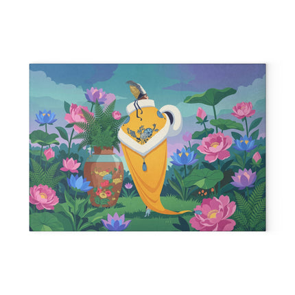 🌸✨ The Lady Of The Golden Garden Glass Cutting Board – Art Deco Floral Elegance