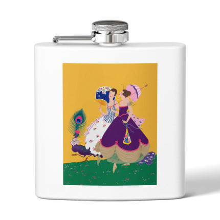 Peacock Ladies in the Garden Flask – Playful Elegance & Art Deco Charm