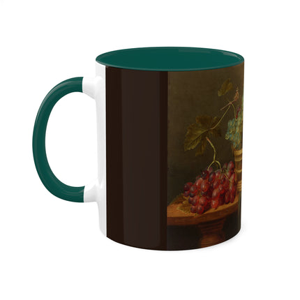 Basket of Grapes and a Pomegranate on a Table by Jacob van Hulsdonck Colorful Mugs, 11oz