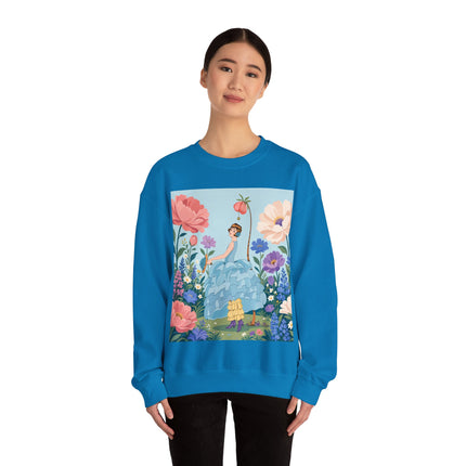 🌸🩵 The Blue Ruffle Garden Crewneck Sweatshirt – Art Deco Floral Whimsy