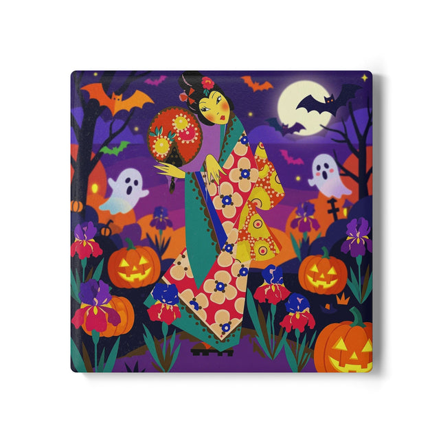 🌙🎃 The Moonlit Garden Masquerade Ceramic Coaster – Floral Halloween Charm