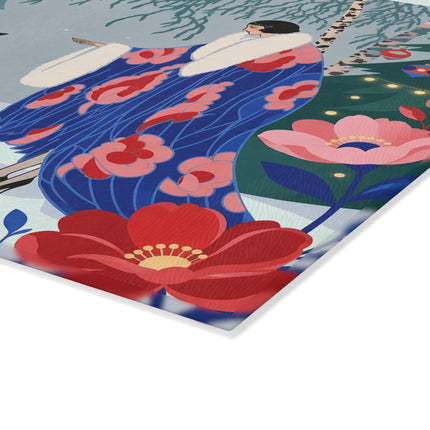 🦌🌲 The Lady Of The Christmas Forest Glass Cutting Board – Art Deco Holiday Elegance