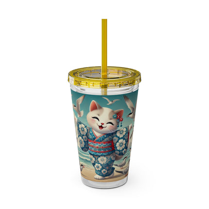Geisha Kitten by the Seaside Sunsplash Tumbler with Straw, 16oz