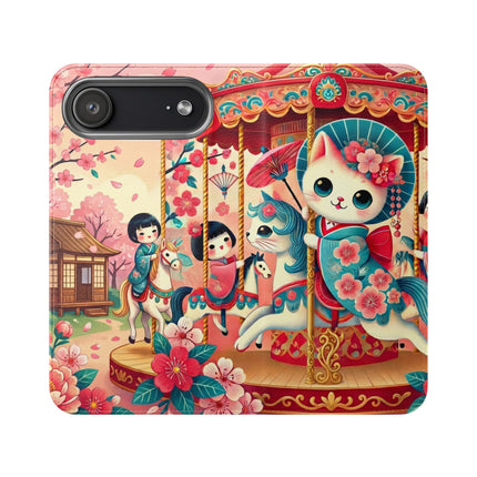🎠🌸 Geisha Kitten's Enchanted Carousel Flip Case – Whimsical Dreams & Cherry Blossom Magic