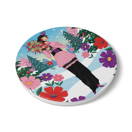 🎀🌸 The Lady Of The Christmas Bouquet Ceramic Coaster – Art Deco Holiday Fantasy
