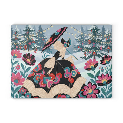 🌸❄️ The Lady Of The Winter Blossom Glass Cutting Board – Art Deco Holiday Fantasy