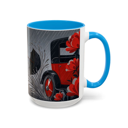 ☔🌹 The Scarlet Rainstorm Promenade Colorful Mug – Art Deco Motoring Elegance