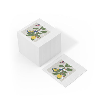 Blue Tit & Butterfly White Coined Napkins – Spring Harmony & Delicate Beauty
