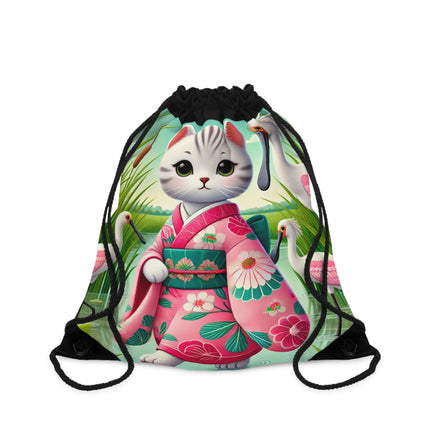 Geisha Kitten Strolls Among the Spoonbills Drawstring Bag