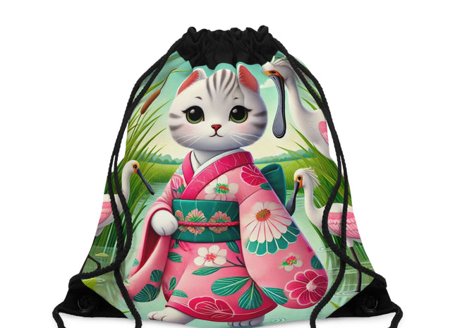 Geisha Kitten Strolls Among the Spoonbills Drawstring Bag
