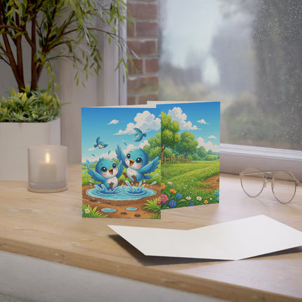 🐦💦 The Little Bluebird Puddle Party Greeting Card – Whimsical Animal Adventure