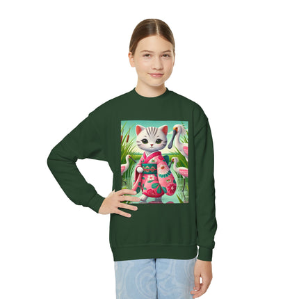 Geisha Kitten Strolls Among the Spoonbills Youth Crewneck Sweatshirt – Grace, Nature & Whimsical Elegance