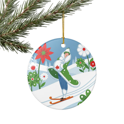 🎿❄️ The Winter Garden Skier Ceramic Ornament – Whimsical Holiday Fantasy