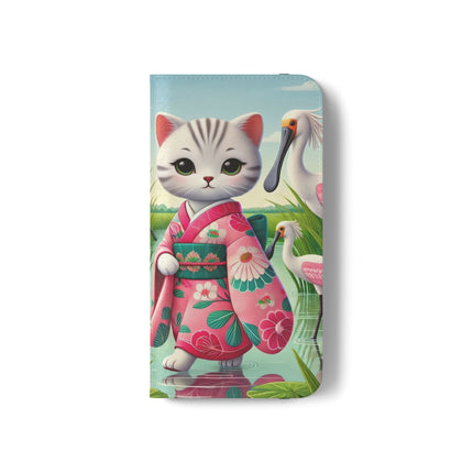 🦩🌸 Geisha Kitten Strolls Among the Spoonbills Flip Case – Serene Grace & Marshland Wonder