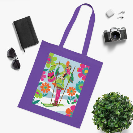 🎿🌸 The Winter Flower Adventurer Cotton Tote Bag – Colorful Skiing Fantasy